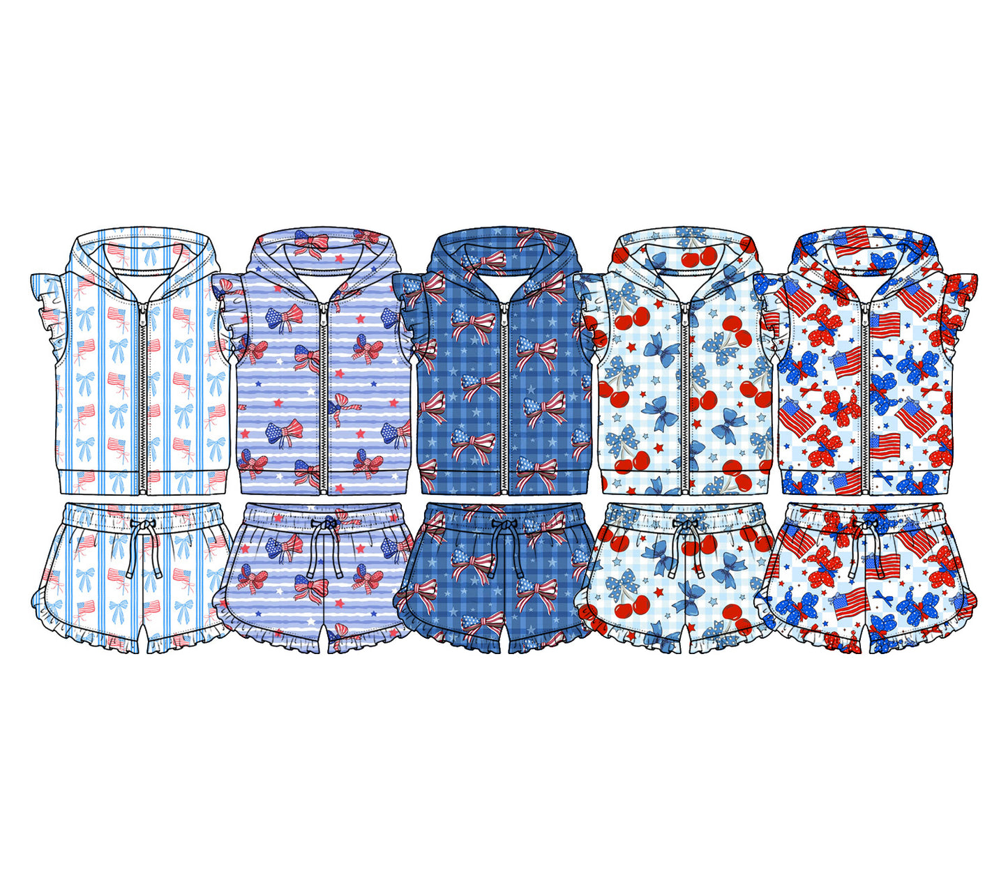 4.11 Custom moq 5 mix size Sibling Baby Girl 4th of July Zipper Hoodie Jacket Ruffle Shorts Clothes Set