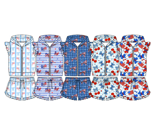 4.11 Custom moq 5 mix size Sibling Baby Girl 4th of July Zipper Hoodie Jacket Ruffle Shorts Clothes Set