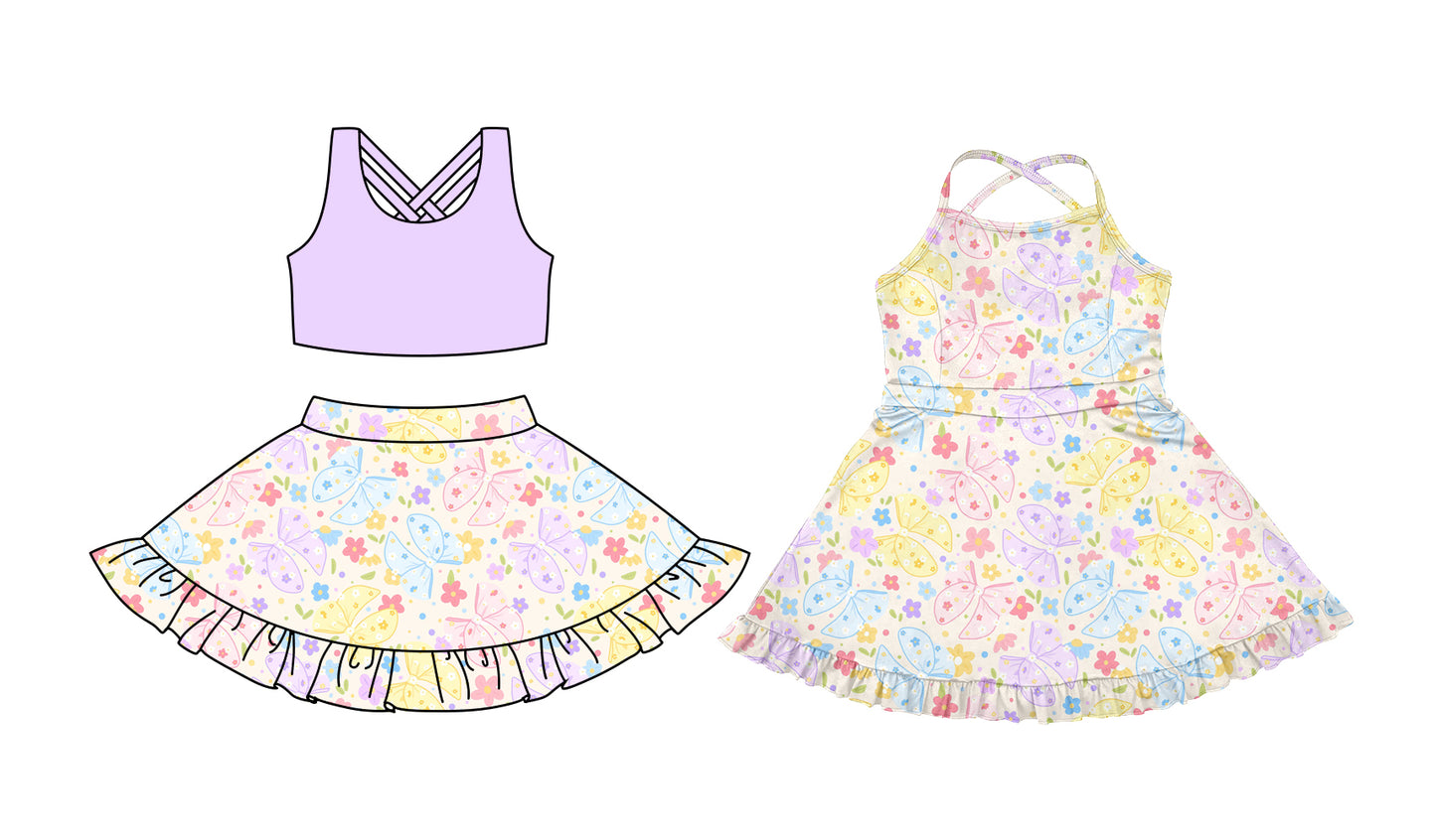 3.24 custom each style moq 5eta 4-6week Sibling Sister floral bow baby girls clothes Short sleeve skirt sets and dress match family design