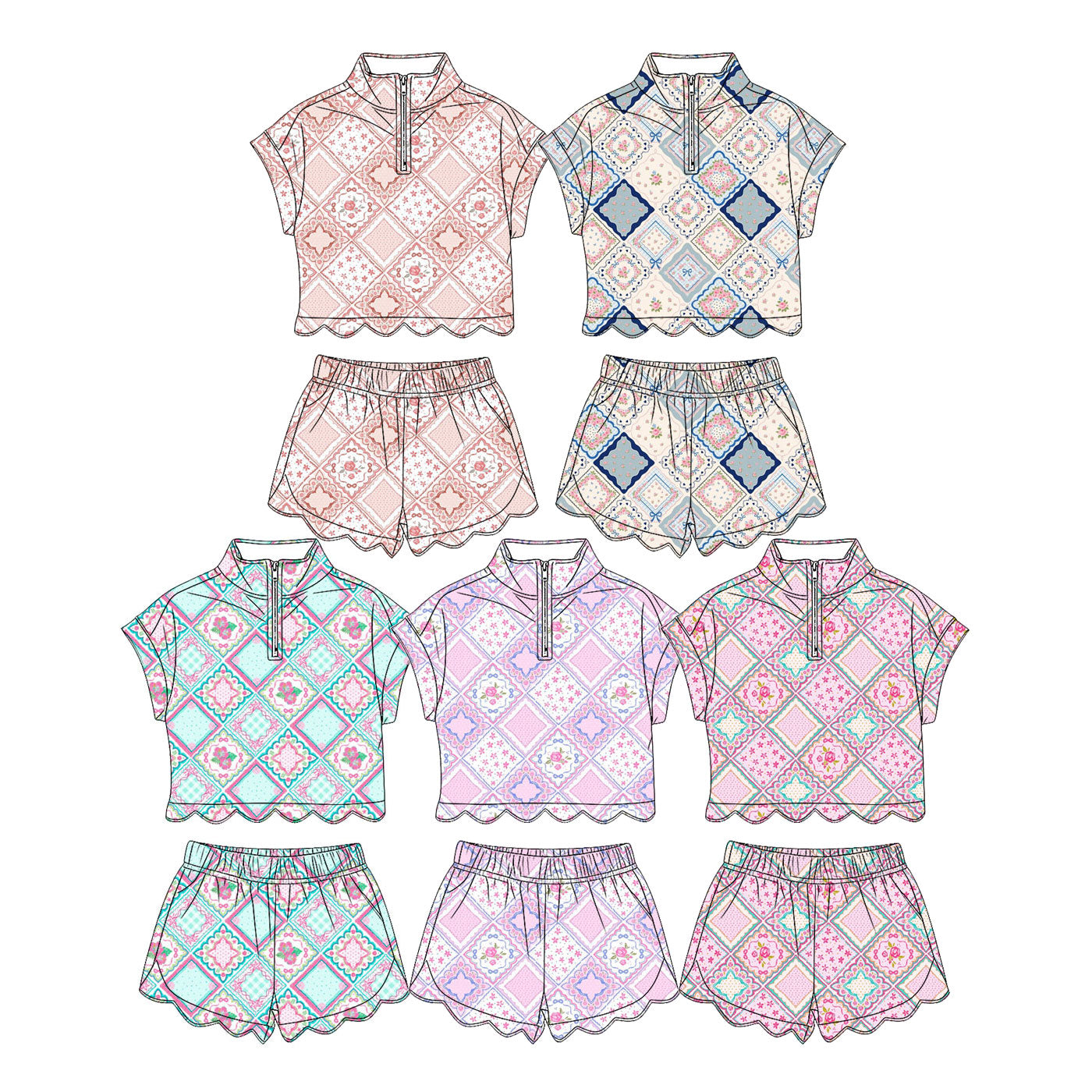 4.10  Custom moq 5 mix size Sibling Baby Girl's Checked Zip Top Short Scallop Clothes Set
