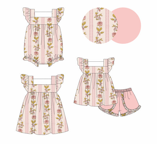 4.3 custom each style moq 5eta 4-6week Sibling Sisters floral baby girl short sleeve shorts sets and dress and rompers match family design