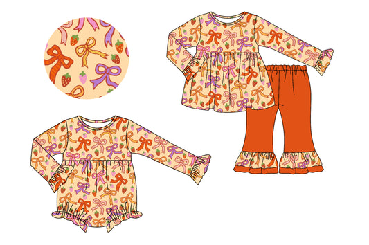 25.7.8 custom each style moq 5eta 4-6week Sibling Sister bow orange baby girl long sleeve pants sets and rompers match family design
