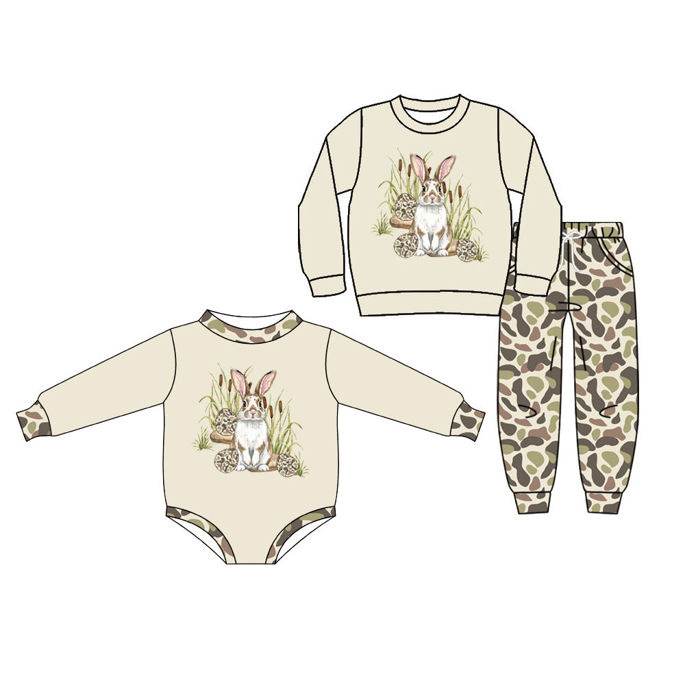 (Preorder new) No moq Baby Boys Green Easter Rabbit Long Sleeve Top Jogger Pant Set Romper