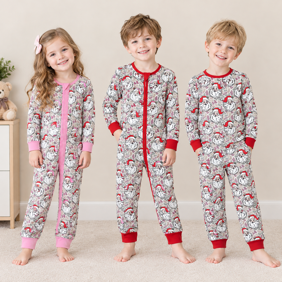 RTS NO MOQ Sibling milk silk Baby Girls And Boys Santa Camo Print Christmas Zipper Romper And Sibling Matching Pajama Set