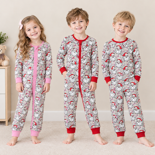 RTS NO MOQ Sibling milk silk Baby Girls And Boys Santa Camo Print Christmas Zipper Romper And Sibling Matching Pajama Set