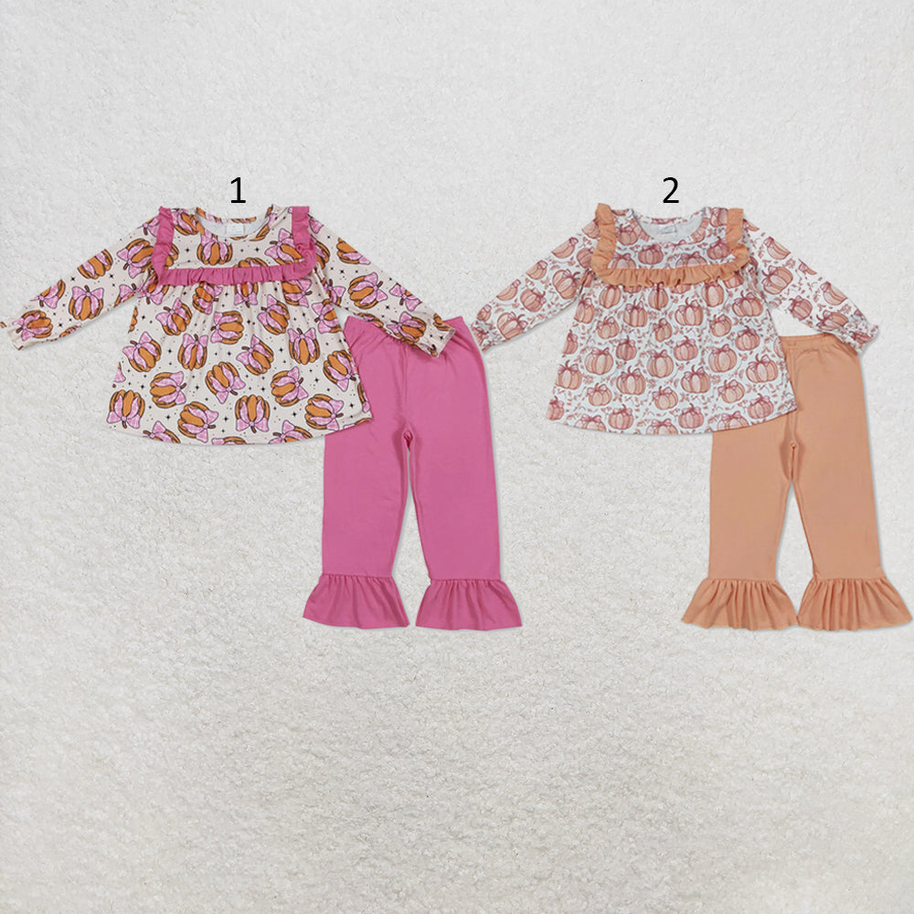 RTS NO MOQ Sibling milk silk Baby Girls Fall Bow Pumpkin Printed Ruffle Hem Tunic Pants Casual Outfit Set
