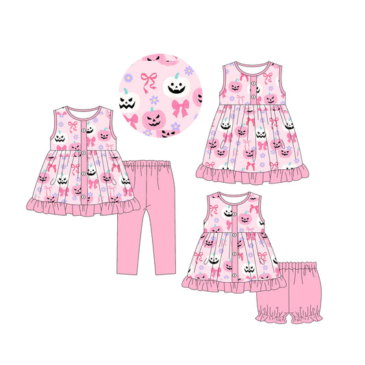 4.30 custom each style moq 5eta 4-6week Sibling Sisters pumpkin bow baby ghort sleeve shorts sets and pants sets and dress match family design
