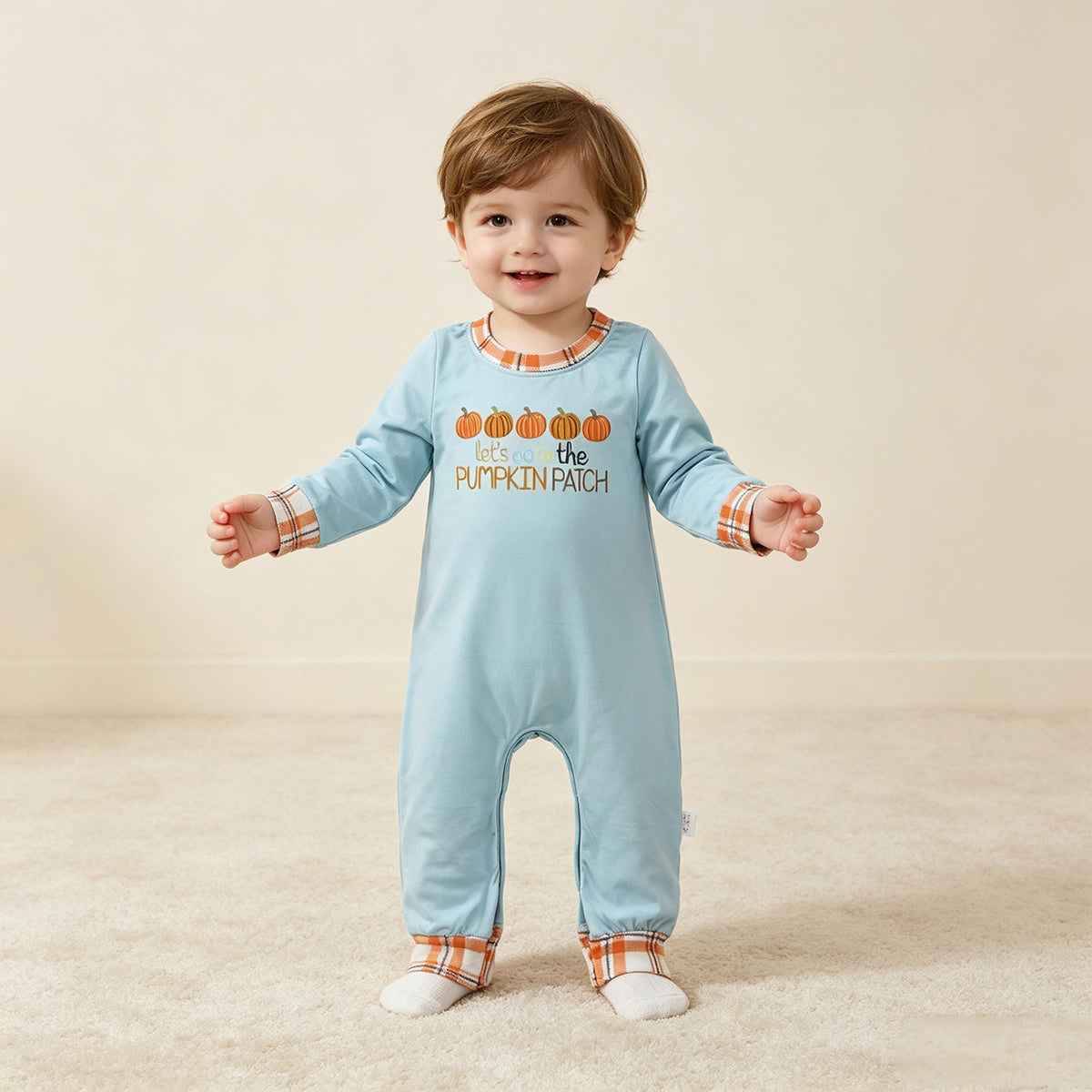 NEW RTS NO MOQ milk silk LR1189 Baby Boys Autumn Pumpkin Fall Long Sleeve Romper