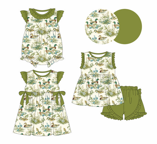 25.5.23 custom each style moq 5eta 4-6week Sibling Sisters duck baby girl short sleeve shorts sets and dress and rompers match family design