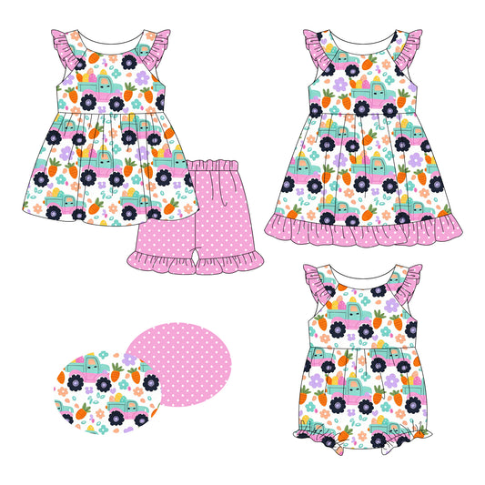 26.1.8 custom each style moq 5 eta 6-8week Sibling Sister easter floral baby short sleeve shorts sets and romper and dress match design