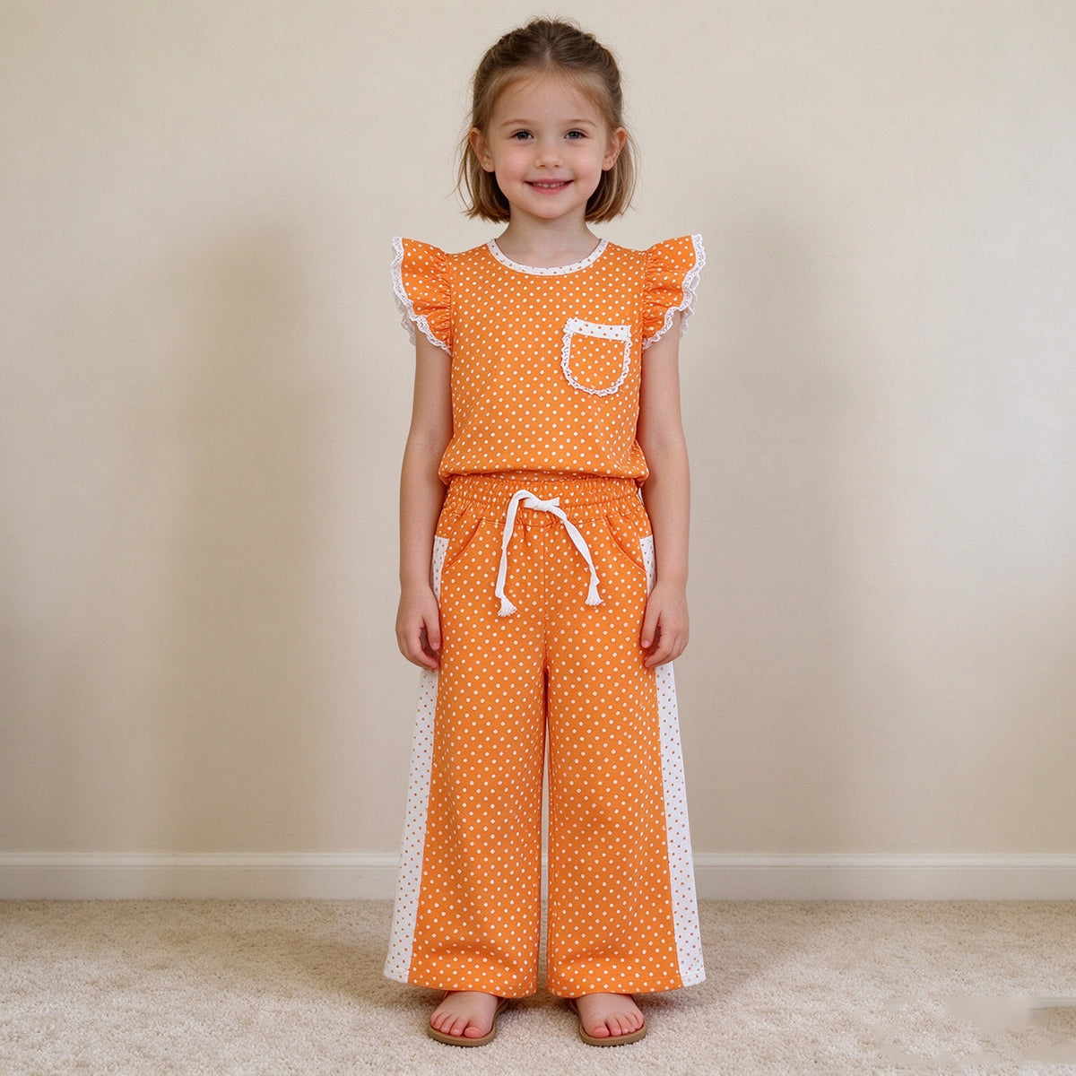 NEW RTS NO MOQ milk silk GSPO2367 Baby Girls Orange Polka Dots Pocket Top Flare Pant Clothes Set Spring Fall Casual Outfit