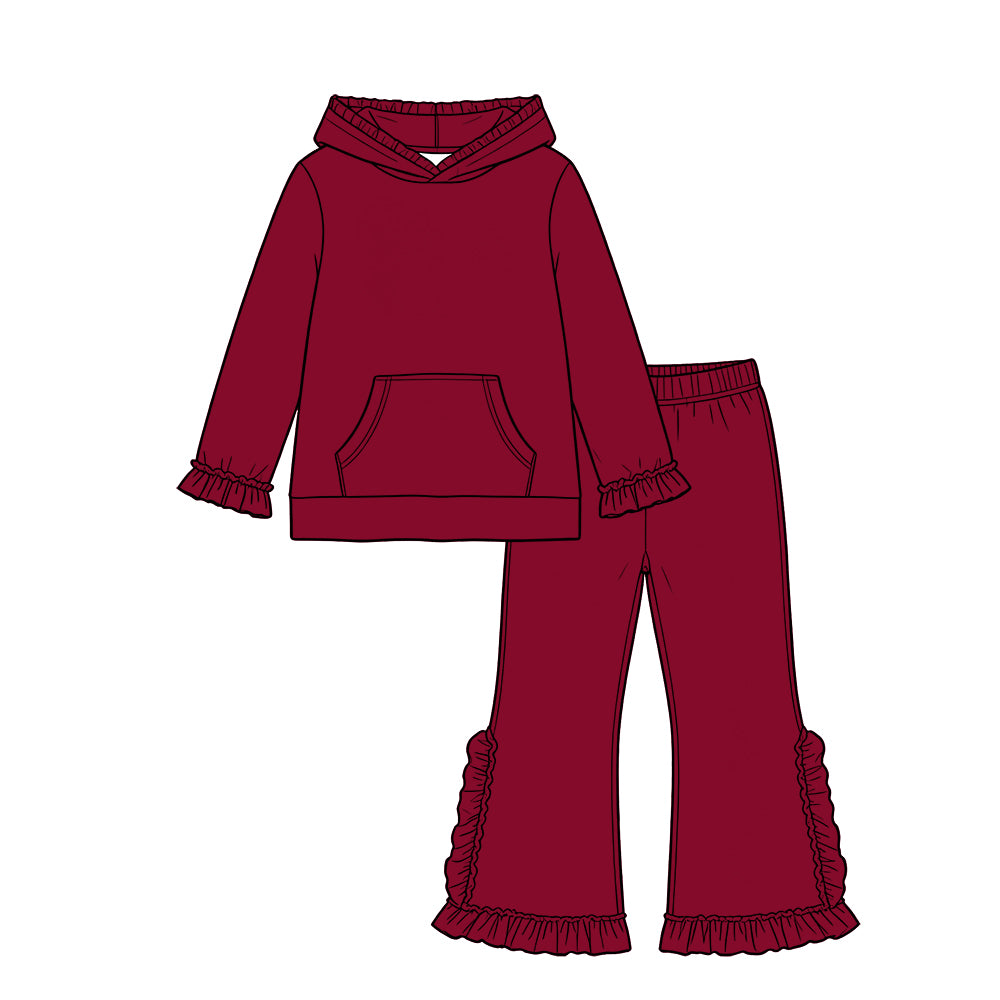 Custom moq 5 girls  Blank Cotton Fabric hooded long-sleeve top and pants set Burgundy long-sleeved hooded lace top and pants set