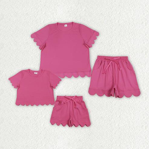 RTS NO MOQ Sibling  Mom And Me Hot Pink Short Sleeve Top With Pockets Scallop Shorts Sets