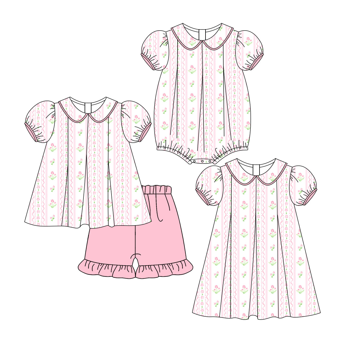 3.6 custom each style moq 5eta 4-6week Sibling Sisters floral baby girl short sleeve shorts sets and dress and rompers match family design