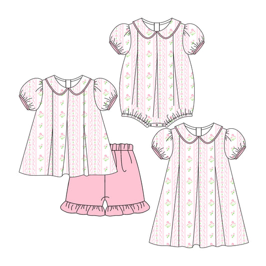 3.6 custom each style moq 5eta 4-6week Sibling Sisters floral baby girl short sleeve shorts sets and dress and rompers match family design