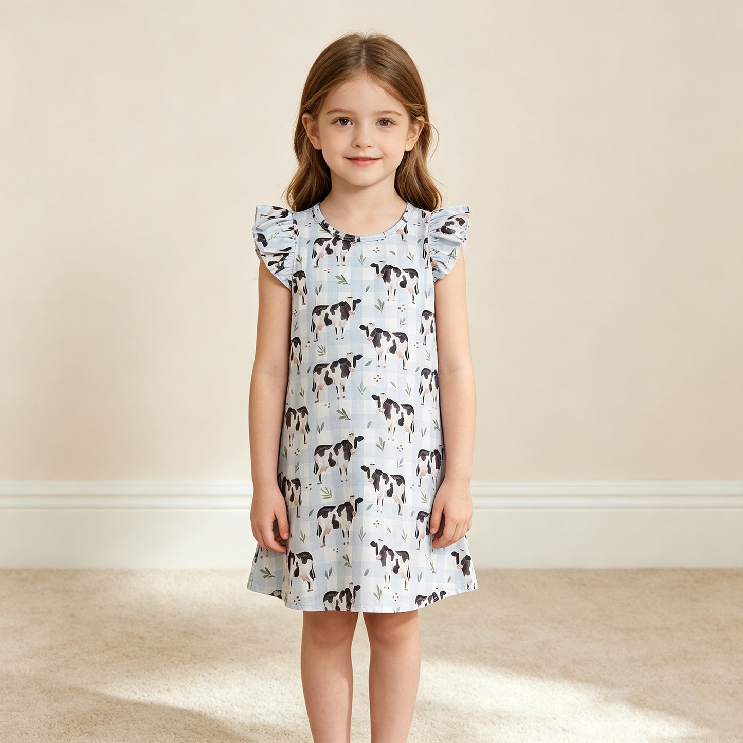NEW RTS NO MOQ milk silk GSD3895 Baby Girls Flutter Sleeve Blue Checked Cows Farm Knee Length Cute Dresses