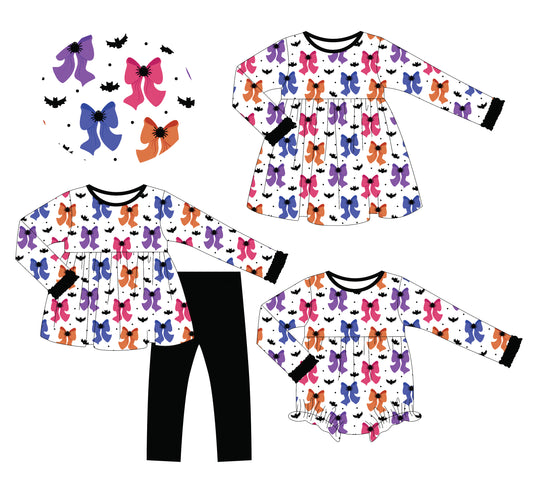 25.6.11 custom each style moq 5eta 4-6week Sibling Sisters bat bow baby girl long sleeve pants sets and dress and rompers match family design