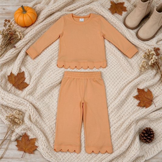 NEW RTS NO MOQ cotton GLP3295 Baby Girls Orange Scallop Trim Long Sleeve Top And Pants Set