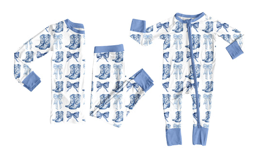 25.7.9 custom each style moq 5eta 4-6week Sibling Sister bow boots blue baby boy long sleeve pants sets and rompers match family design