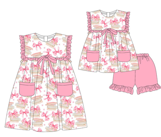 3.18 custom each style moq 5eta 4-6week Sibling Sister bow baby girl short sleeve shorts sets and dresses match design