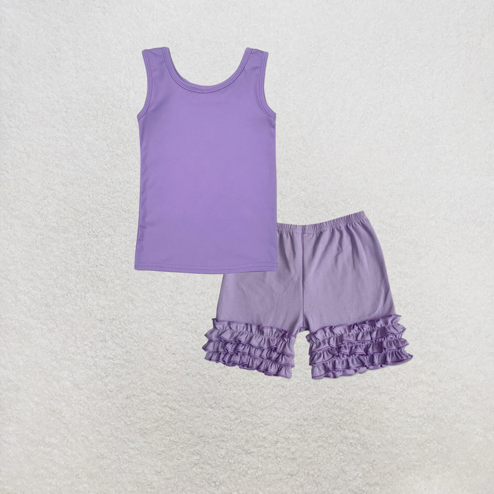 RTS NO MOQ GT0990+C14-5 Baby Girls Lavender Sleeveless Yoga Tee Shirts Vests Shorts Set