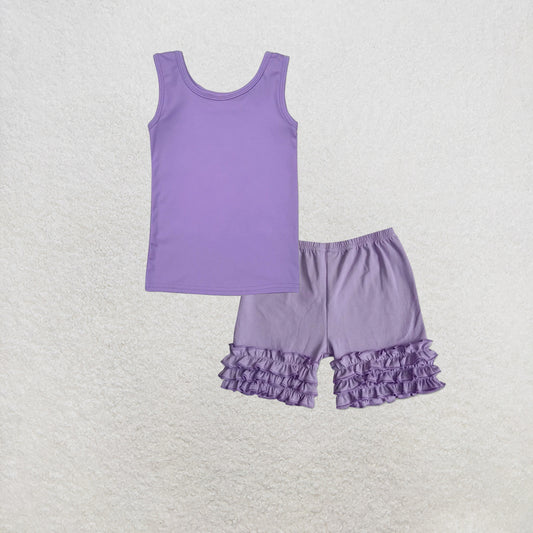 RTS NO MOQ GT0990+C14-5 Baby Girls Lavender Sleeveless Yoga Tee Shirts Vests Shorts Set