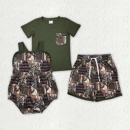 RTS NO MOQ Sibling Baby Boys Camouflage Shirt with Deer Hat And Pockets Short Hunting Themed Clothes Set with Strap Rompers