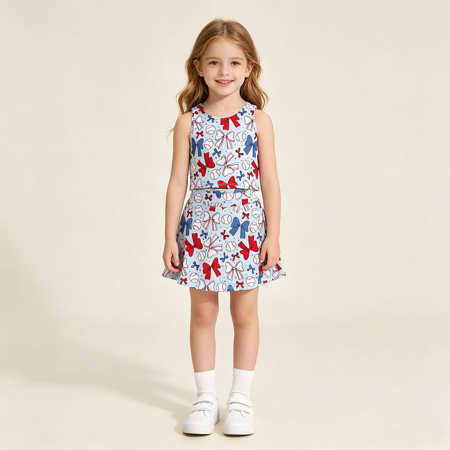 RTS NO MOQ GSD2151 yoga fabric Baby Girls Cute Bows 4th Of July Baseball Vest Skirt Yoga Set