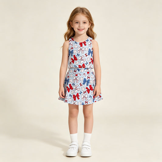 RTS NO MOQ GSD2151 yoga fabric Baby Girls Cute Bows 4th Of July Baseball Vest Skirt Yoga Set