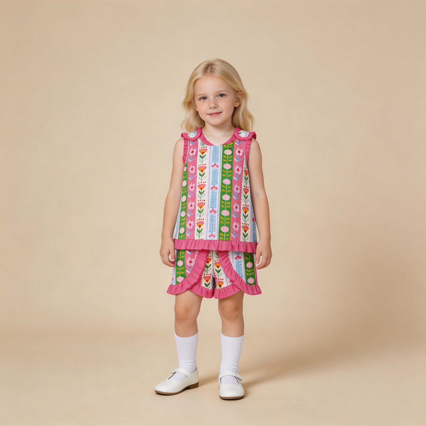 RTS NO MOQ milk silk GSSO3676 Colorful Flower Stripe Sleeveless Tunic Baby Girls Ruffle Short Clothes Sets