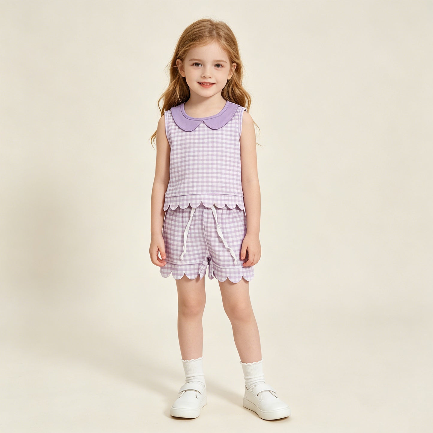 RTS NO MOQ milk silk GSSO3396 Baby Girls Lavender Check Collar Sleeveless Top Scallop Hem Shorts Set