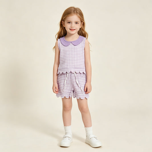 RTS NO MOQ milk silk GSSO3396 Baby Girls Lavender Check Collar Sleeveless Top Scallop Hem Shorts Set