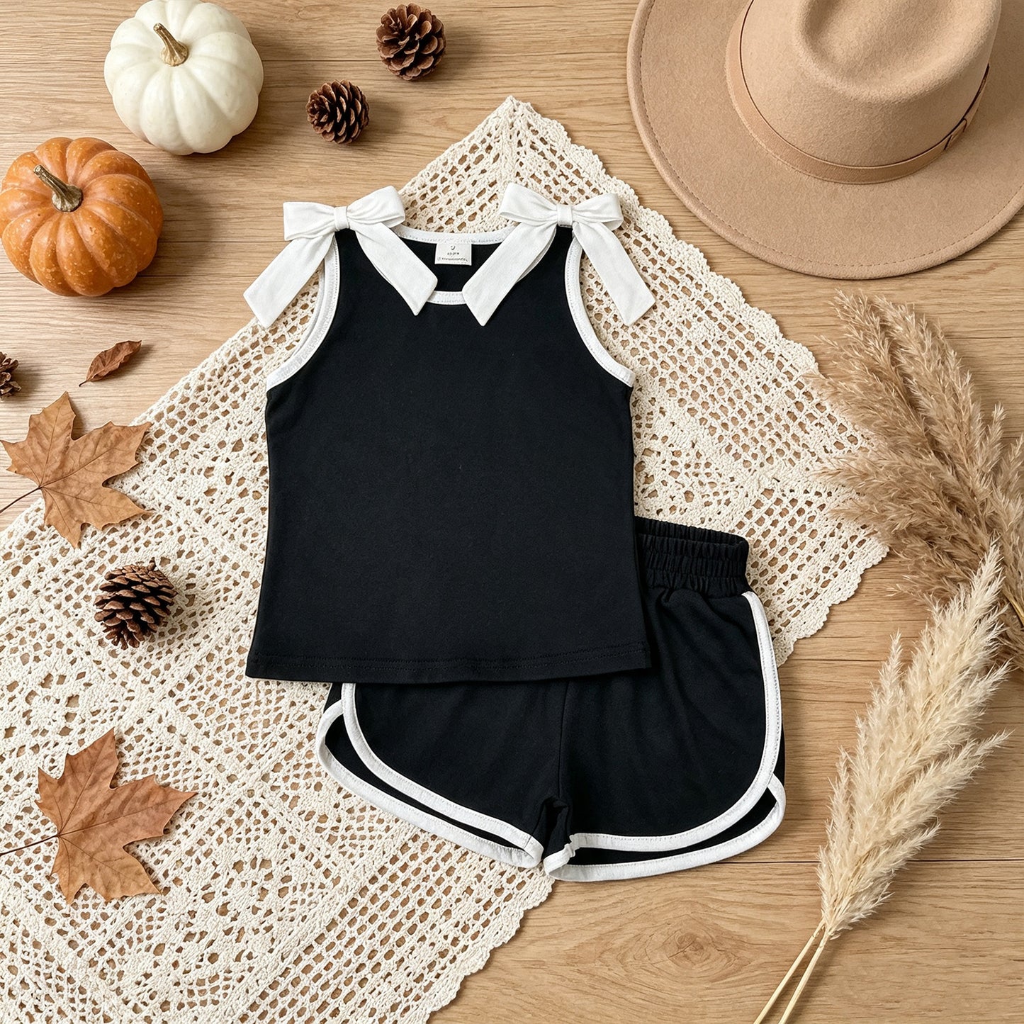 RTS No moq milk silk GSSO3817 Baby Girls Black White Bows Sleeveless Top Short Clothes Sets