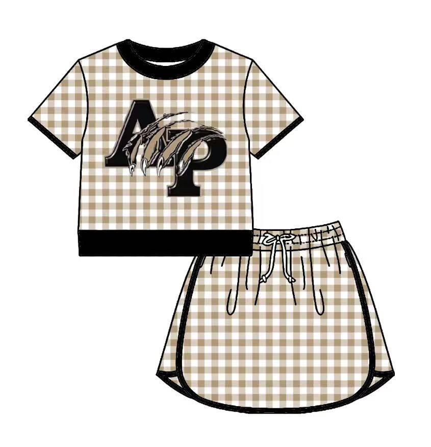 Custom moq 5 mix size milk silk summer teams Baby Girls  Plaid Short Sleeve Top Skirt Two Piece Set