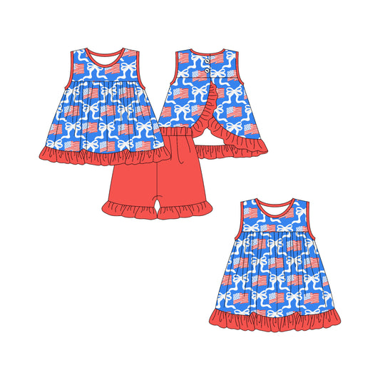 2.25 custom each style moq 5eta 4-6week Sibling Sister flag bow baby girl short sleeve shorts sets and dresses match design