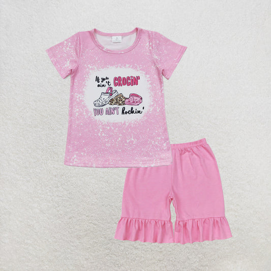 RTS NO MOQ milk silk GT0443+SS0356 Baby Girls Pink Short Sleeve Slippers Tee Shirts Tops Ruffles Shorts Set