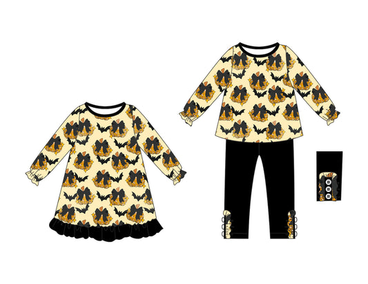 25.6.10 custom each style moq 5eta 4-6week Sibling Sisters pumpkin bow bat baby girl long sleeve pants sets and dress match family design