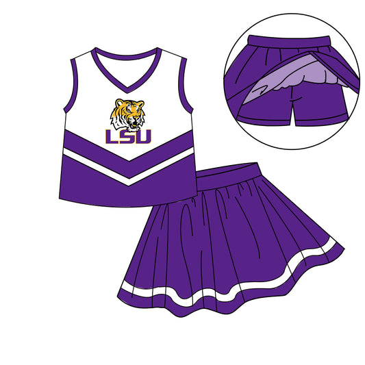 Custom moq 5 each style eta 6-7weeks baby girl clothes team purple sleeveless skirts sets-25.8.27
