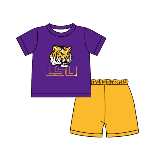 Custom moq 5 mix size milk silk summer teams Baby Boy's purple Short-Sleeved O-Neck Top And solid color Shorts Set