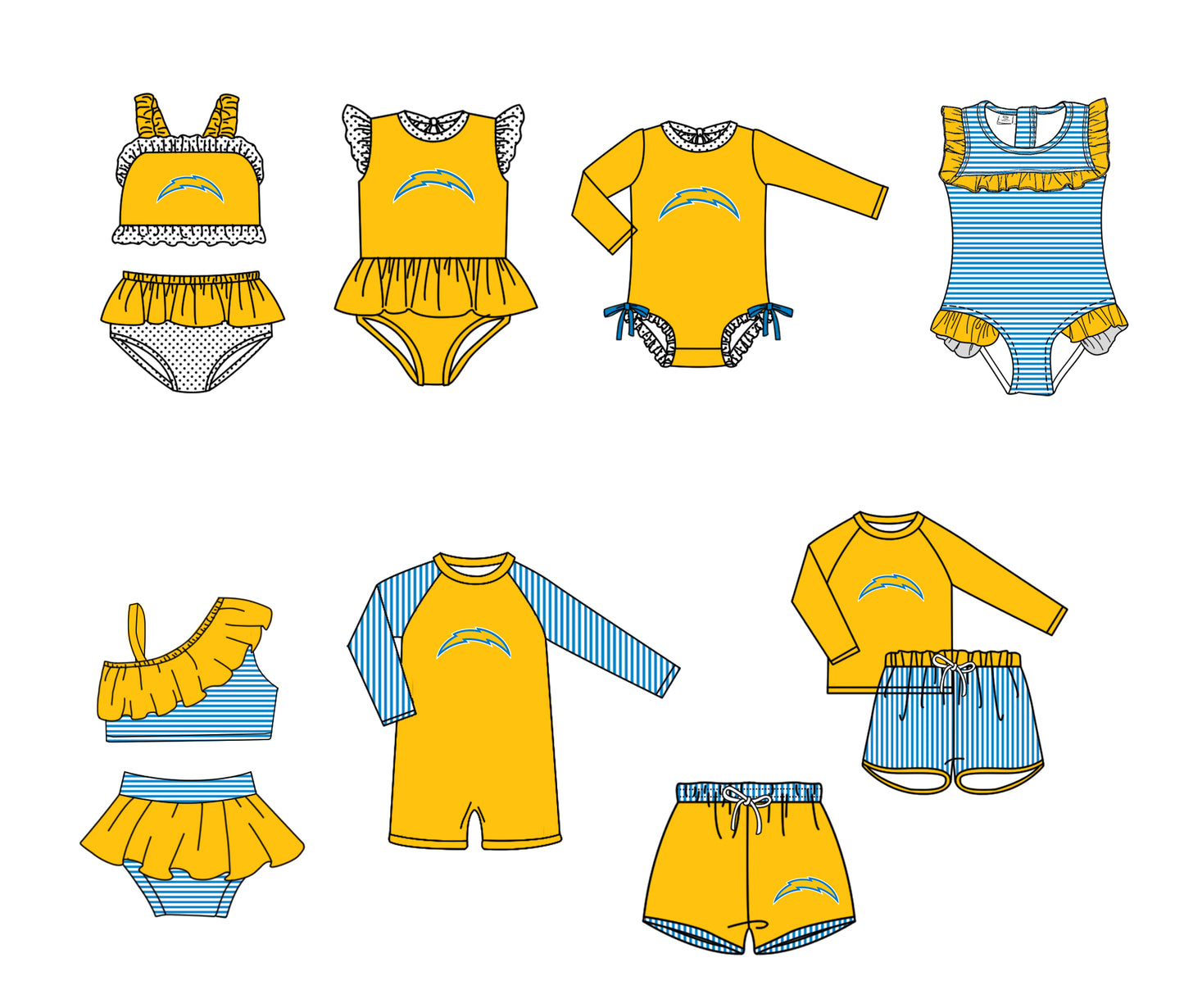 Custom moq 5 mix size milk silk summer teams Yellow baby girl boys clothes Two-Piece Swimsuit Set One Piece Swimsuits boy swim trunks