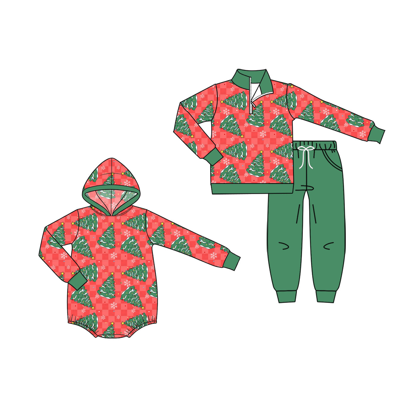 (Preorder new) No moq Baby Boys Snowflakes Trees Christmas Print Zip Pullover Pocket Top Matching Jogger Set Rompers