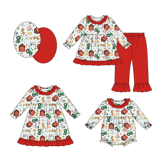 25.7.18 custom each style moq 5eta 4-6week Sibling Sisters farm animal baby girl long sleeve pants sets and dress and rompers match family design