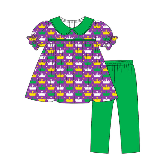 7.23 custom each style moq 5eta 4-6week Sibling Sister mari gras purple and green baby girls short sleeve sets and boys sets and dress and rompers match family design