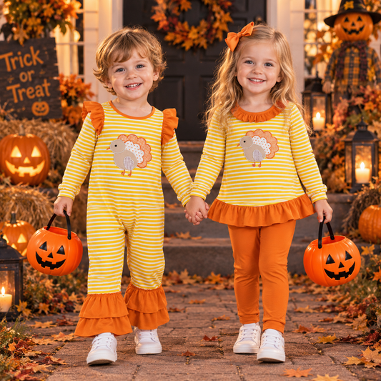 RTS NO MOQ Sibling milk silk Embroidery Turkey Baby Girls Yellow Stripe Romper And Toddler Girls Thanksgiving Ruffle Top Pant Set