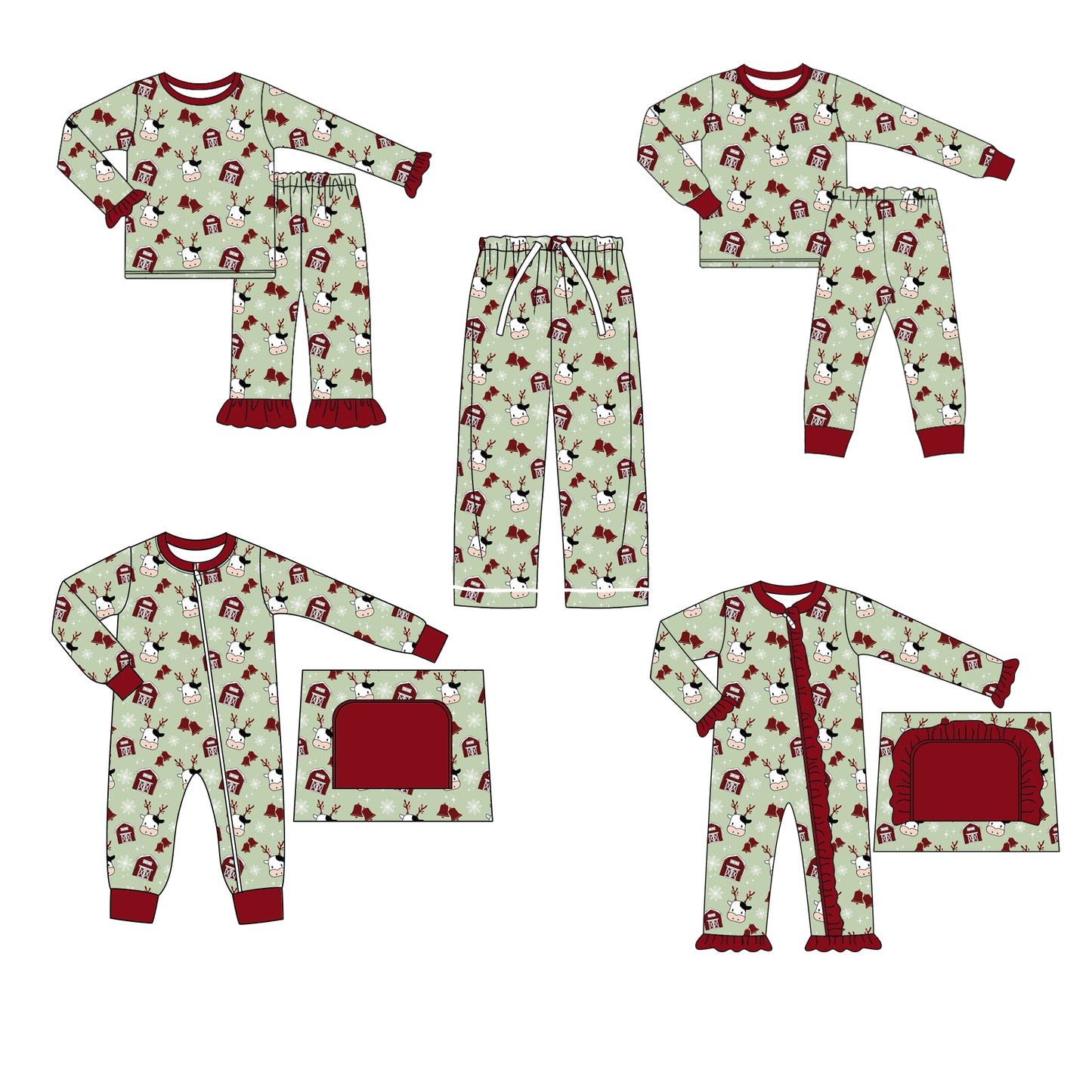 25.5.8 custom each style moq 5eta 4-6week Sibling Sisters Christmas cow farm baby girl long sleeve pants sets 1 and sets 2 and adult pants and romper 1 and romper 2 match family design