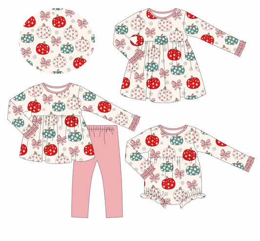 25.6.16 custom each style moq 5eta 4-6week Sibling Sisters pumpkin bow baby girl long sleeve pants sets and dress and rompers match family design