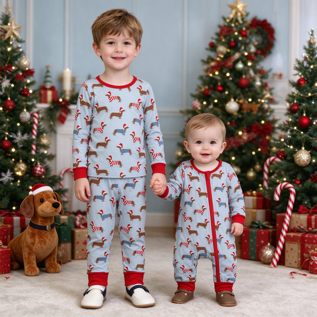 Baby Kids Christmas Dachshund Collection - Blue Pajama Set & Zipper Romper