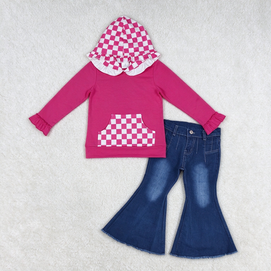 NEW RTS NO MOQ Denim GT1851+ P0457 Baby Girls Hot Pink Checkered Ruffle Hoodie With Pocket Western Navy Bell Flare Denim Pants Set