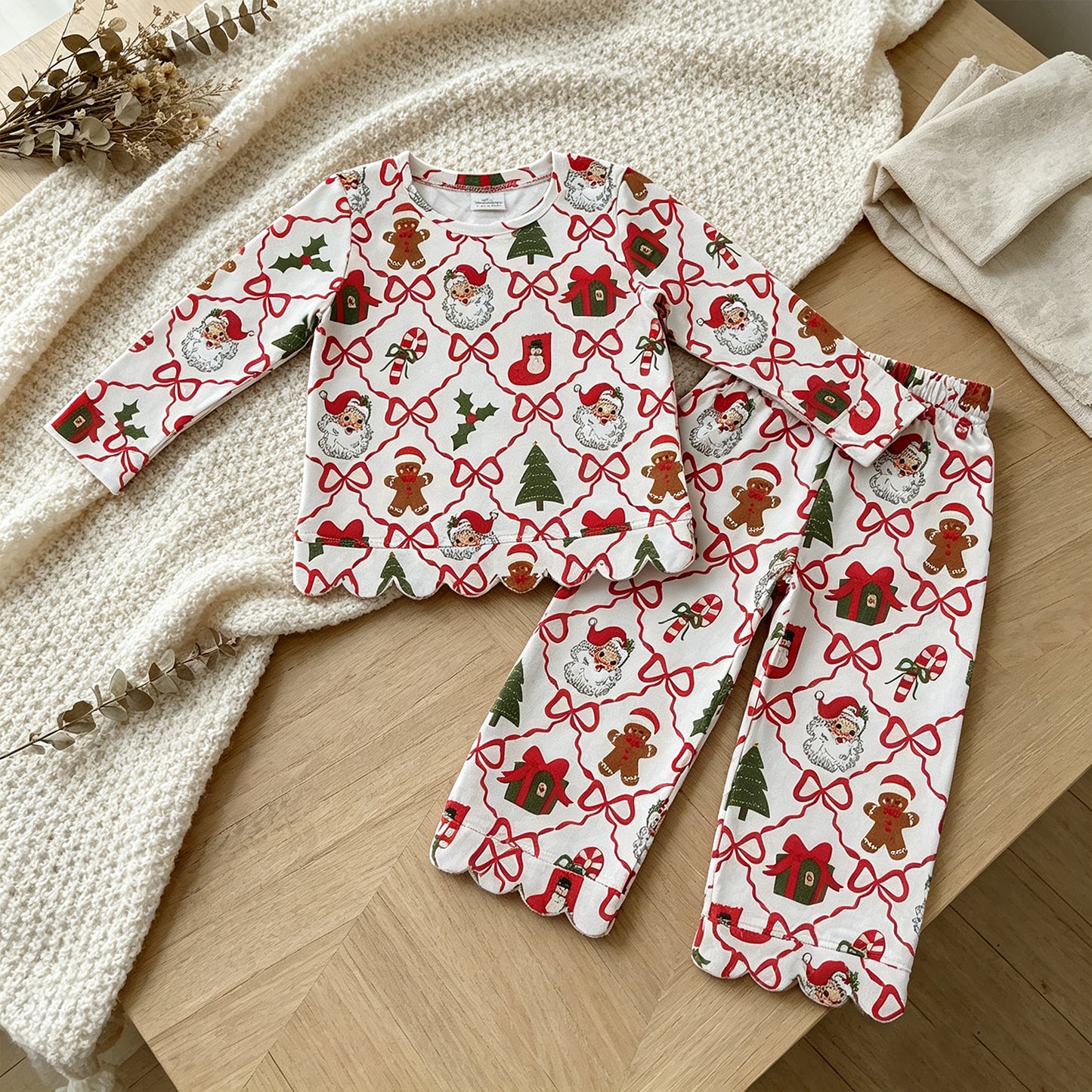 NEW RTS NO MOQ milk silk GLP3447 Baby Girls Santa Tree Plaid Bow Long Sleeve Top Flared Pants Sets