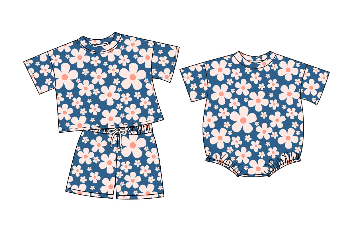 26.1.9 custom each style moq 5 eta 6-8week Sibling Sister floral baby girl short sleeve shorts sets and romper match design
